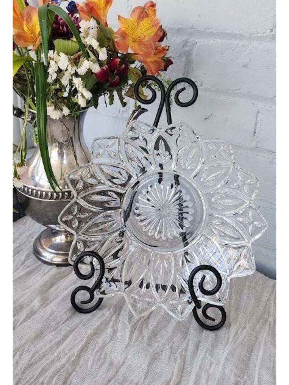 Vintage Glass Dessert Plate | Floral Starburst Glass Plate